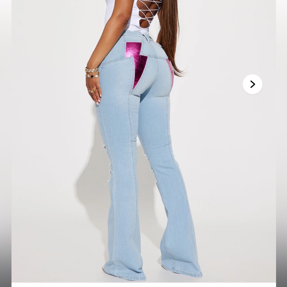 Stylish Light Blue flare Jeans with Pink Lightning bolt Accents